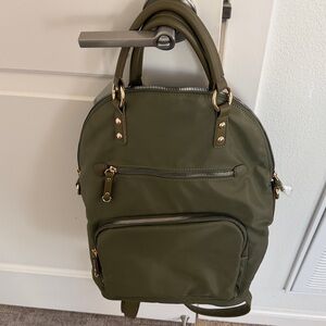 Elegant Olive Backpack with Gold Details. Nylon & leather